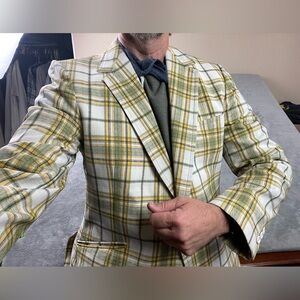 Vintage 1970s ? Plaid Blazer Green Blue White Size 40R No Sz Tag Benchleigh